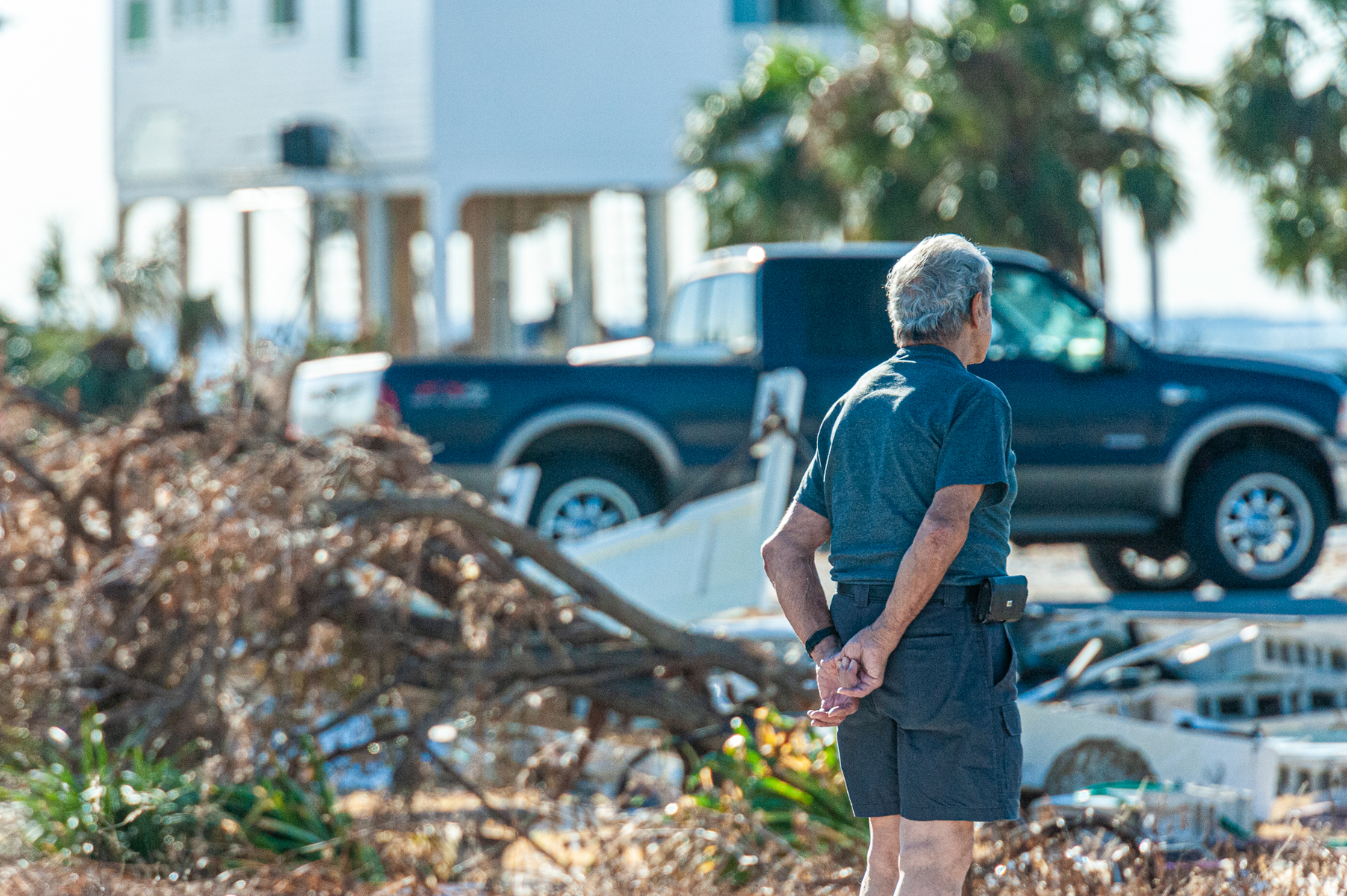 October 18, 2018 - Mexico Beach, FL - George Mamary of Atlanta, GA survey's what is left of his vacation home in Mexico Beach, Florida after Hurricane Michael as passed through the area on October 10, 2018. Florida.  The hurricane hit the Florida Panhandle as a category 5 storm causing massive damage and claimed the lives of more then a dozen people.