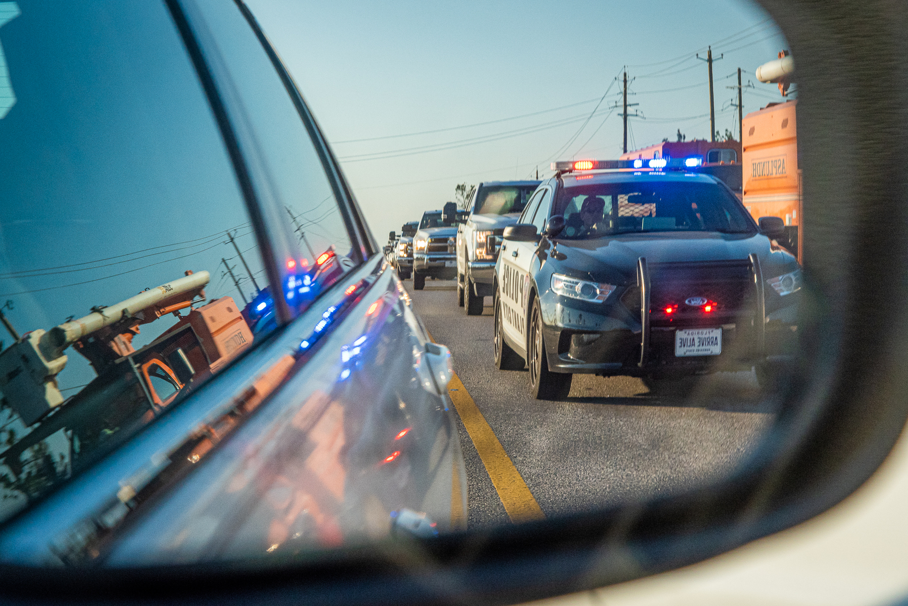 October 18, 2018 - A law enforcement vehicle leads a team of emergency personnel towards Mexico Beach Florida. Hurricane Michael made landfall on Oct. 9, 2018. The strongest storm on record to ever make landfall in Northwest Florida, and the fourth most powerful to ever hit the continental United States.