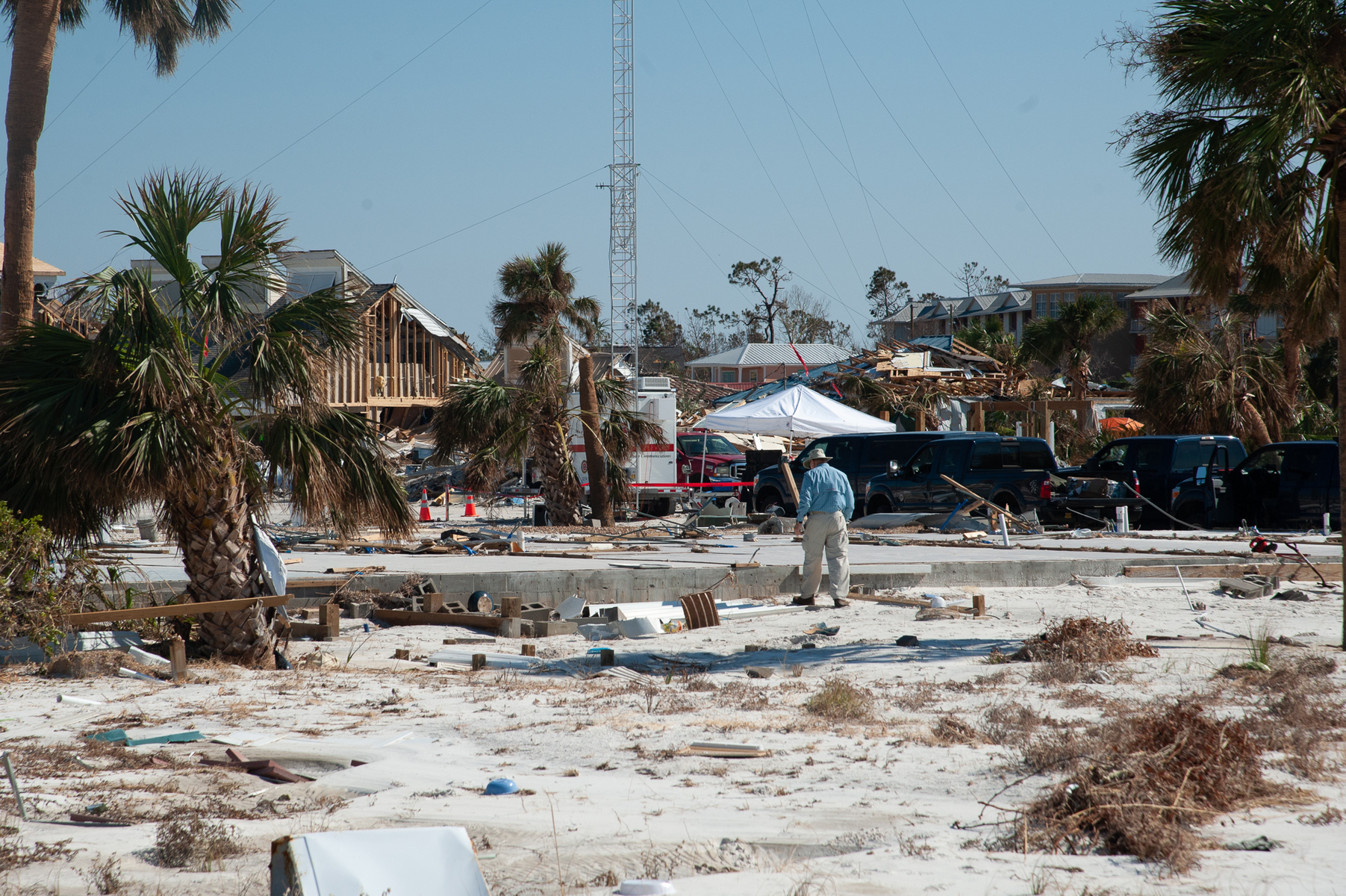 October 18, 2018 - Mexico Beach, FL - A man surveys what is left of his home in Mexico Beach, Florida after Hurricane Michael passed through the area on October 10, 2018. Florida.  The hurricane hit the Florida Panhandle as a category 5 storm causing massive damage and claimed the lives of more than a dozen people.